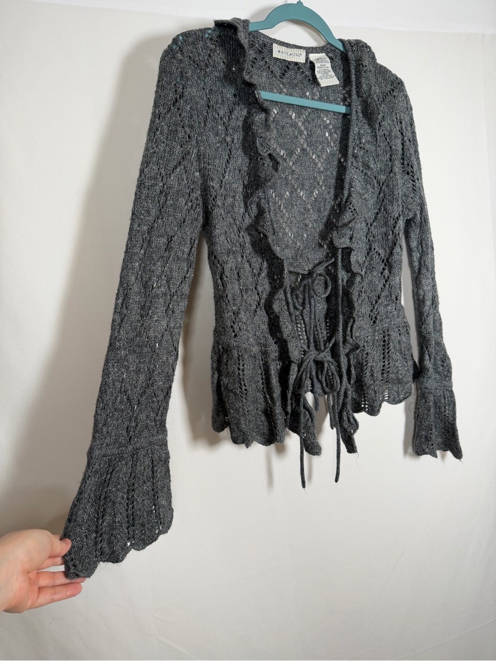 Vintage 90s Y2K Fairy Grunge Charcoal Ruffle Tie-Front Knit Cardigan with Flare